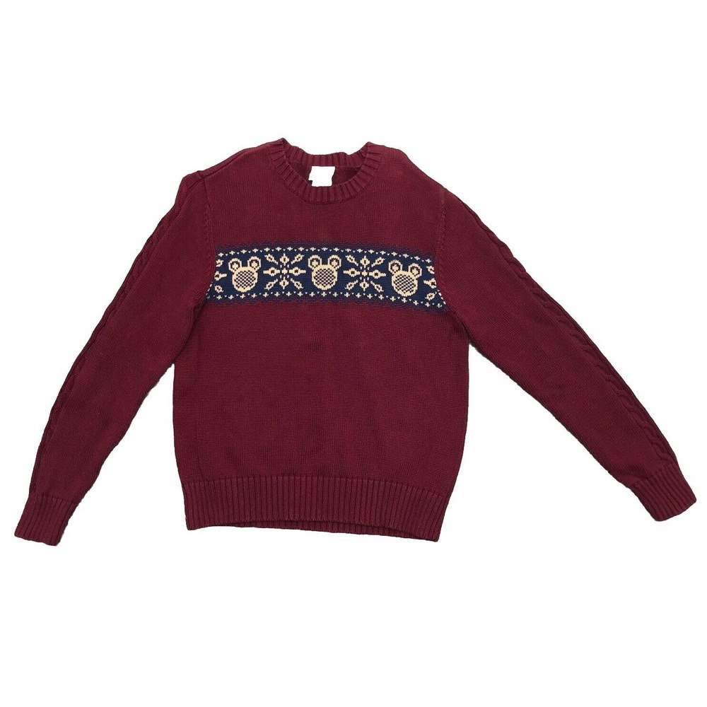 Vtg Y2K Disney Mickey Mouse Fair Isle Sweater Women's  S Burgundy Cable Sleeve‎ - Picture 2 of 8